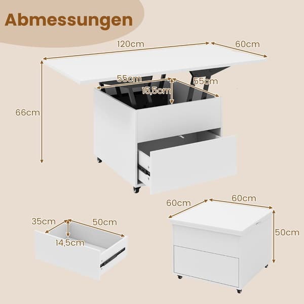 Lyftbart soffbord med förvaring, vitt, mobilt