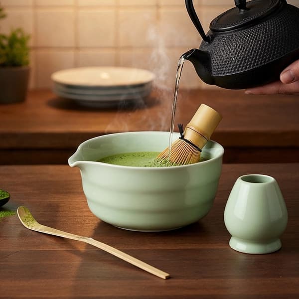 Matcha-valmistesetti – keraaminen kulho, bambuvispilä