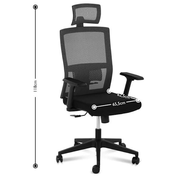 Ergonomisk kontorsstol i mesh med svankstöd och nackstöd, max. 150 kg