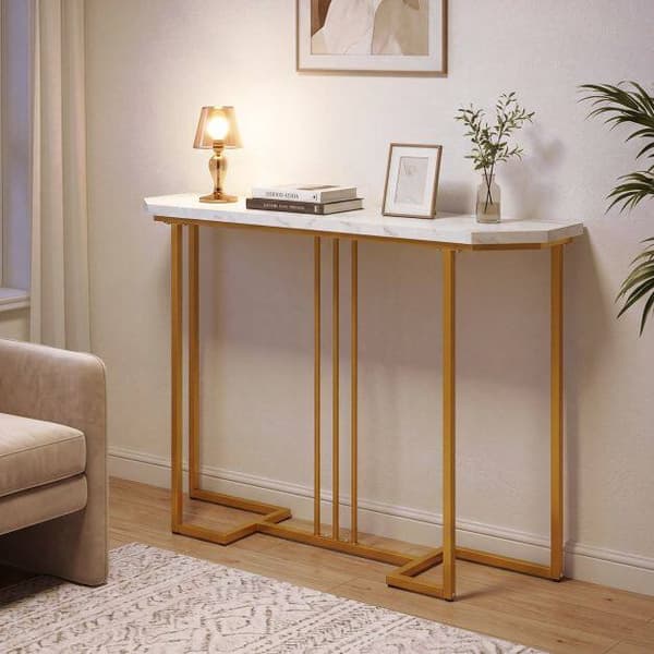 Smalt konsolbord, hvid marmorplade, guld geometrisk stel