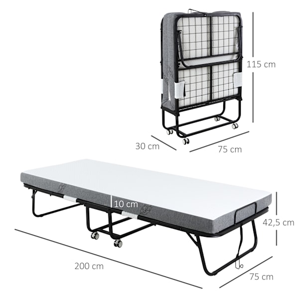 Gästsäng Hopfällbar Säng Med Hjul, Stål + Skum, Vit + Svart, 200X75X42,5Cm