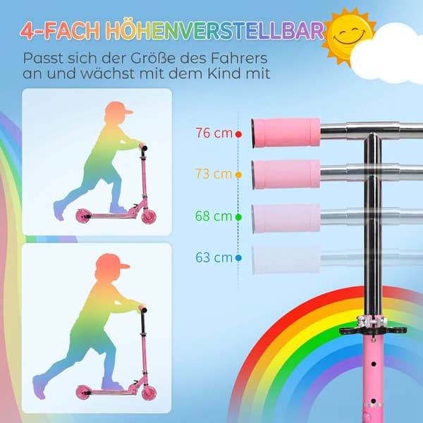 Rosa barnsparkcykel med LED-hjul och justerbart styre