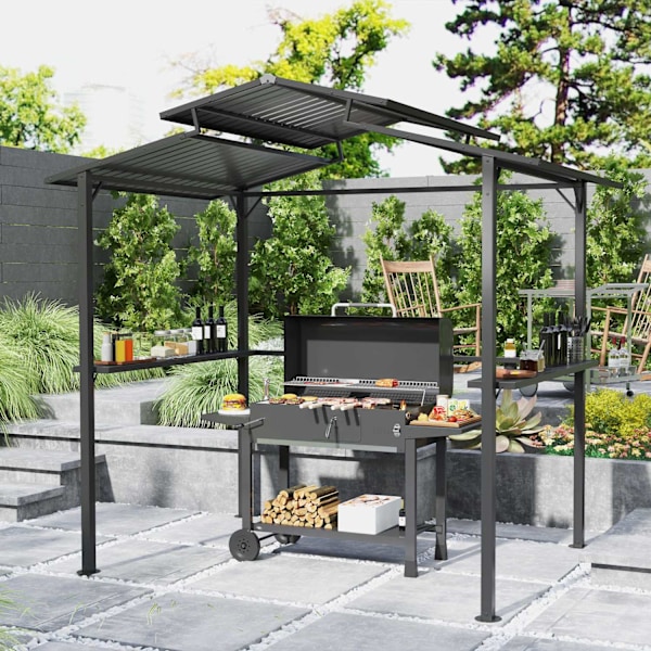 Grillpavillon 250 x 160 x 250 cm vandtæt havepavillon med dobbeltlagstag, sidehylder, lysthus med UV-beskyttelse, BBQ-pavillon, havetelt grilltelt til