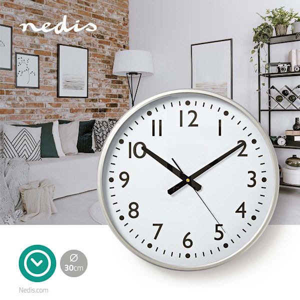 Väggklocka | Diameter: 380 mm | Plast | Silver / Vit