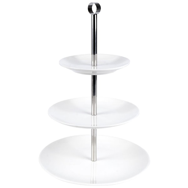 Elegant serveringsfad i tre niveauer i porcelæn og rustfrit stål