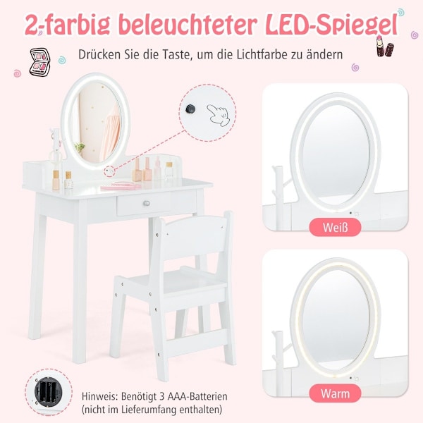 Toiletbord til børn med oplyst spejl Makeup bord med stol Hvid