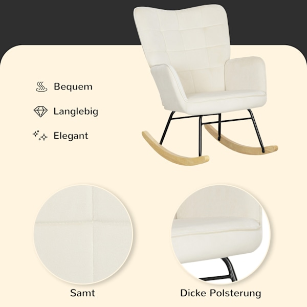 Gungstol, gungstol med sammetslook, armstöd, fåtölj med träskenor, relaxstol för vardagsrum, sovrum, beige
