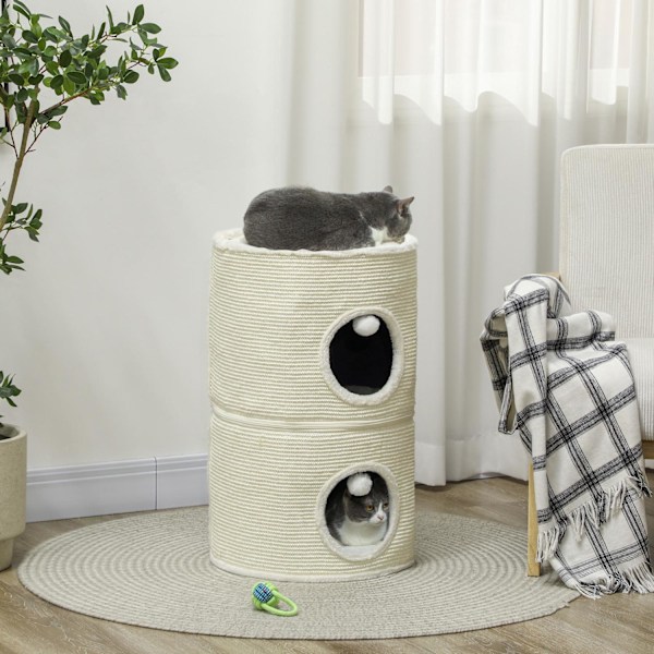 Skraptunna, 69 cm hög katttunna med 2 grottor, lekboll, delbar skrapstolpe, katttorn för katter upp till 5 kg, krämvit