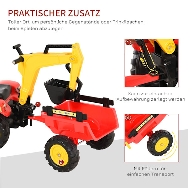 Pedaltraktor Med Trailer, Pedalgraver, Traktor Med Frontlæsser, Børnepedaltraktorer Fra 3 År, Gravemaskine, Børn, Stål, Plast, Rød, 179 X 42 X 59 Cm