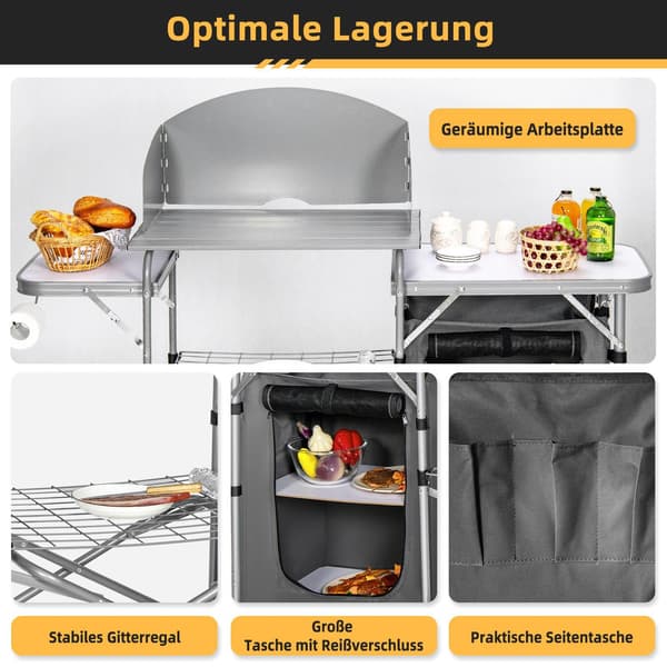 Bärbart hopfällbart campingkök med vindruta och förvaring