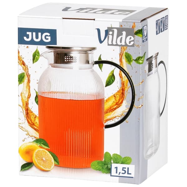 Lasikannu kannella, 1,5 l borosilikaattia, siivilä