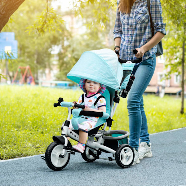 6-in-1 kolmipyörä työntötangolla, lasten kolmipyörä irrotettavalla aurinkokatolla, tyynyllä, tasapainopyörä 5-pisteturvavyöllä, kori, mukiteline, 1-5-