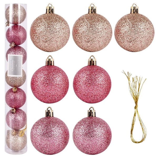 Set med 7 hållbara glittrande rosa julgranskulor