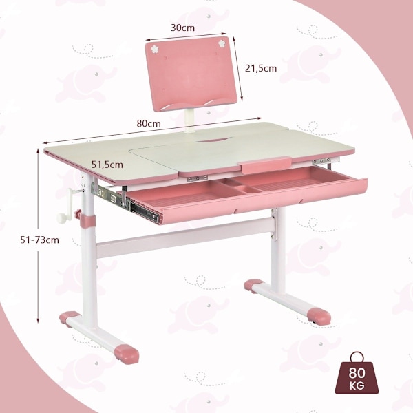 Barnskrivbord 51-73 cm Höjdjusterbart studentskrivbord med fällbar bordsskiva (rosa bord)