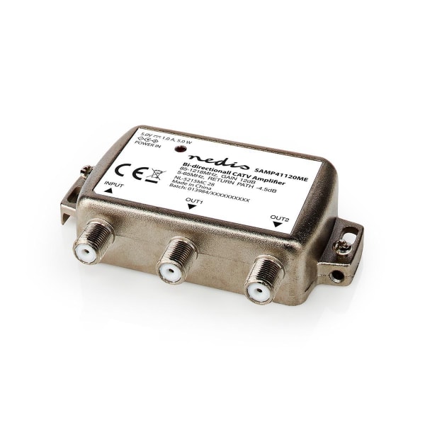 CATV forstærker | Forstærkning: 12 dB | 85 - 1218 MHz | Antal output: 2 | Retur sti | Sølv