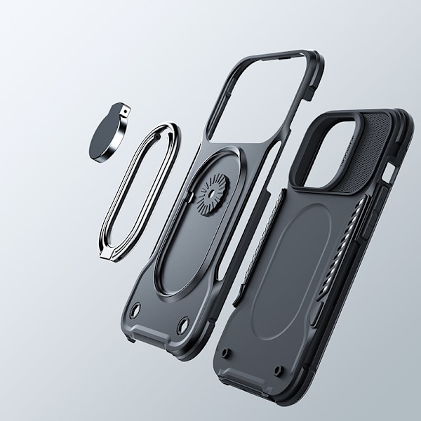 Taske til iPhone 14, pansret cover med stativ og ringholder, sort