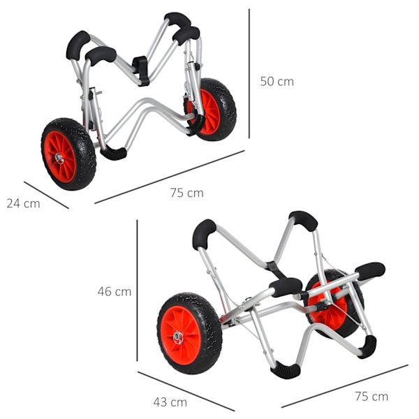 Kajakvogn, Aluminiumsbådvogn, Foldbar, Transportvogn Med Pu-Dæk, Sølv, Op Til 75 Kg, 75X43X46 Cm