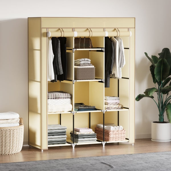 Stof Skabsgarderobe Med Bøjlestang, 8 Niveauer, Foldeskab, Fiberdug, Beige, 125X43X162,5Cm