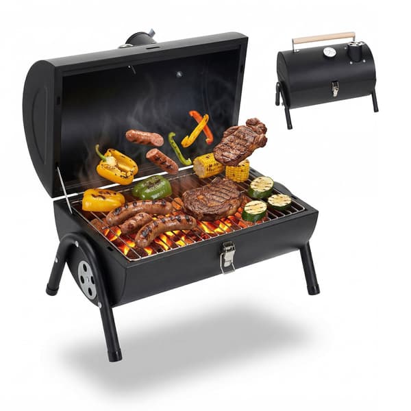 Bärbar kolgrill med termometer och skorsten