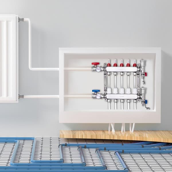 PEX-varmemanifold, 5-løkker, rustfrit stål, 1/2" adaptere