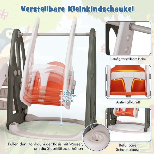 Børnegynge med glideskinne, foldbar 4 i 1 gynge & glidebane & basketballkurve & stige orange