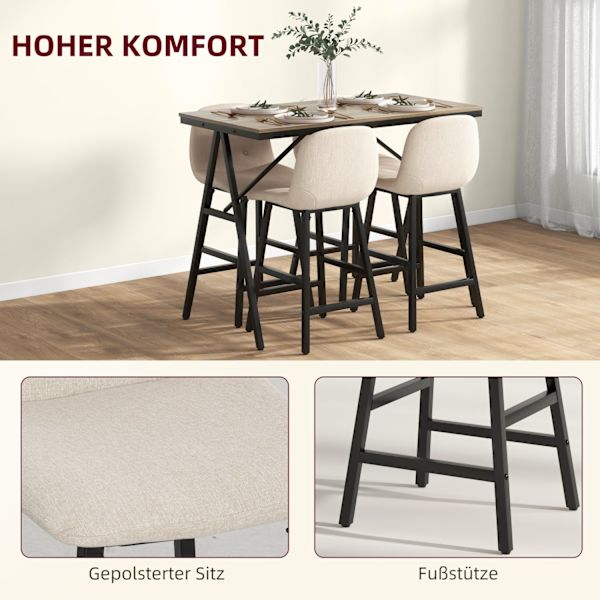 Barbord med barstolssæt, 5-delt spisestuesæt, køkkenbord, bistrobord med 4 stole, barbordssæt til køkken, stue, stål, beige, 120 x 60 x 91 cm