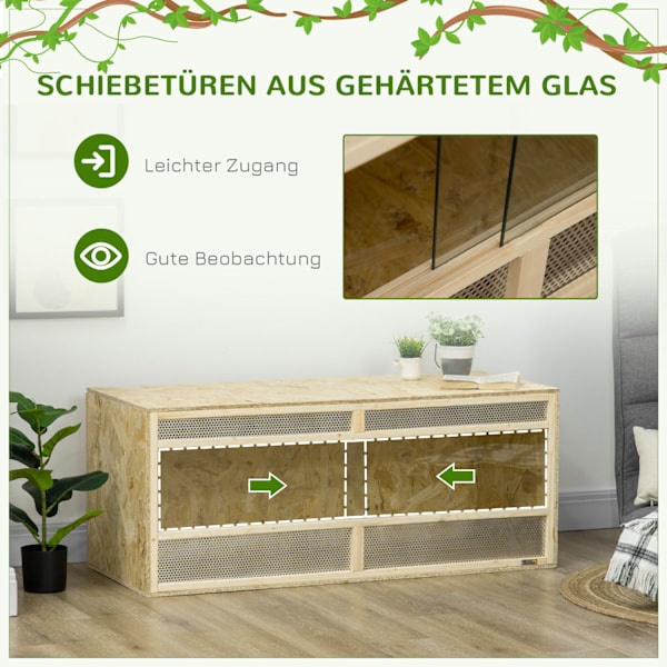 Glasterrarium, 120 x 50 x 50 cm, termostatisk, robust, med ventilationsgitter, skydedør, til slanger, edderkopper, OSB-plade, naturtræ