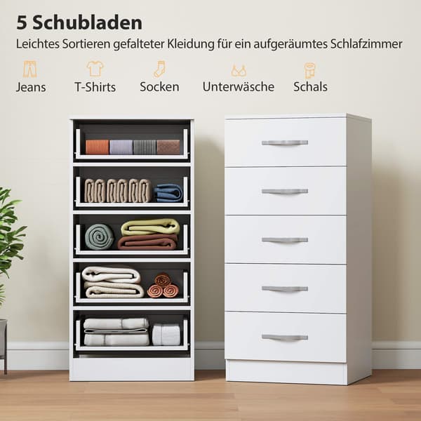 Hvid kommode med 5 skuffer, spånplade, pladsbesparende design