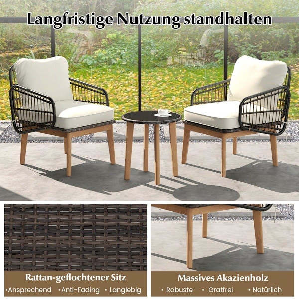 3-delt havemøbelsæt i rattan havesædesæt 2 kurvestole & glas sidebord & puder