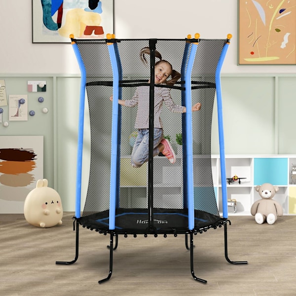 Barnstudsmatta Ø163,5 cm, inomhusstudsmatta med skyddsnät kantskydd gummirep, barnstudsmatta upp till 50 kg, för barn 3-10 år blå