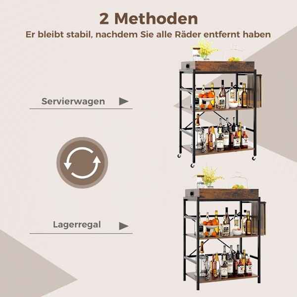 3-vånings serveringsvagn köksvagn med avtagbar bricka & handtag 73 x 40 x 94 cm brun + svart