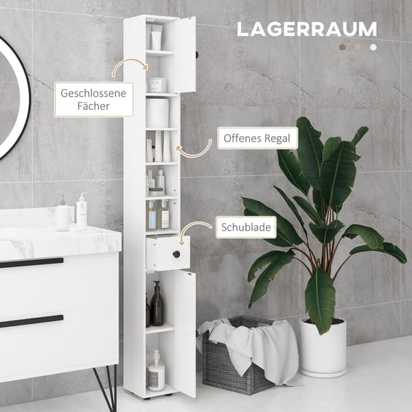 Badeværelsesskab, 4 hylder, skuffe, spånplade, slim design, hvid