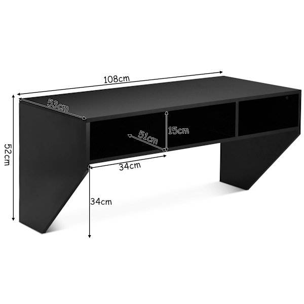 Seinäpöytä puinen seinään kiinnitettävä tietokonepöytä 3 hyllyllä 108 x 53 x 52 cm musta