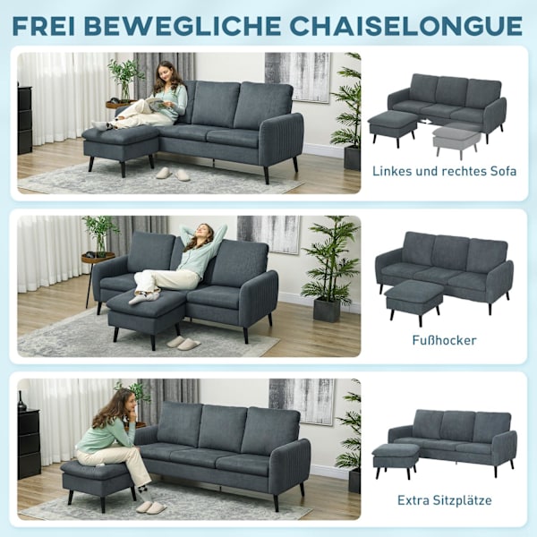 Hjørnesofa med sovefunktion, sofa med fodskammel, 3 pudepuder, hjørnesofa, L-formet sofa til stue, soveværelse, 196 x 140 x 88 cm, grå Aosom