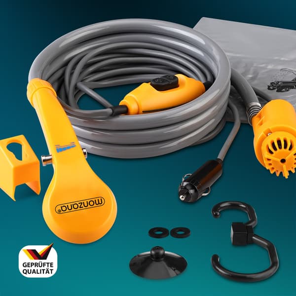 Bärbar 12V campingdusch, 5m kabel, justerbart tryck