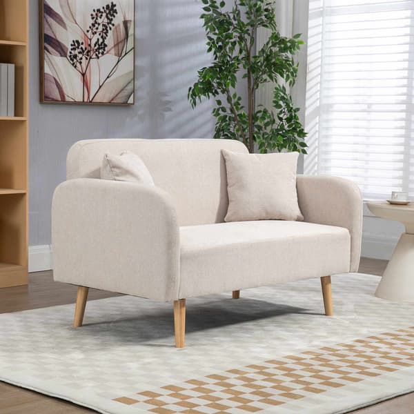 Krämfärgad 2-sitssoffa med kuddar, modern design, träben