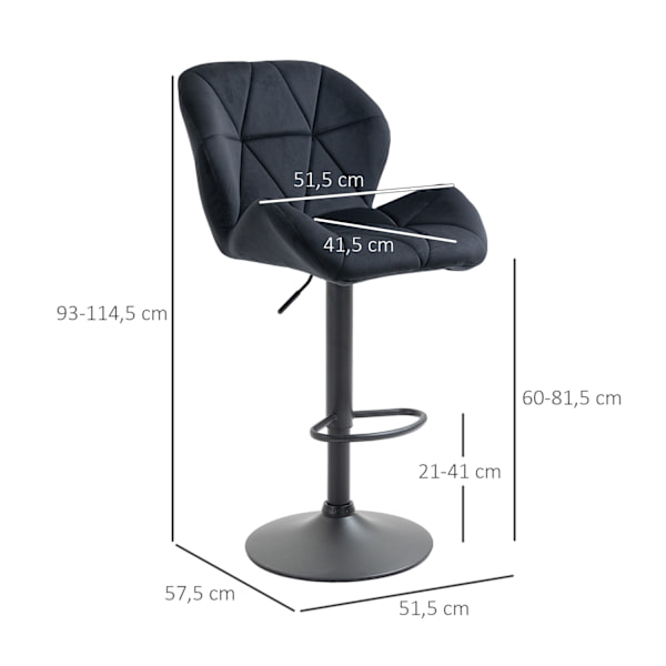 Set Med 2 Barstolar Vridbara Barstolar Med Ryggstöd Sammet Touch Höjdjusterbart Armlöst Skum Svart 51,5X 57,5 ​​X 93-114,5 Cm