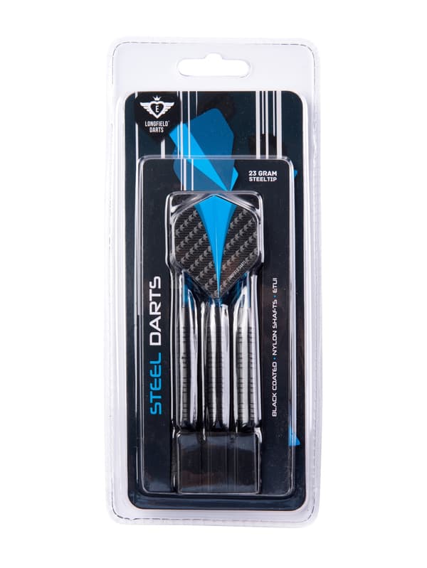 Steeltip Darts 23g, sort løb, blå skafter og flights
