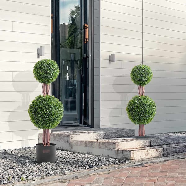 Konstgjorda buxbom med dubbla bollar, topiary, 91 cm, set om 2