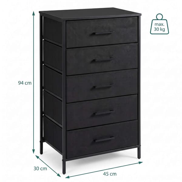 Sort stofkommode med 5 skuffer – metalramme, MDF-top