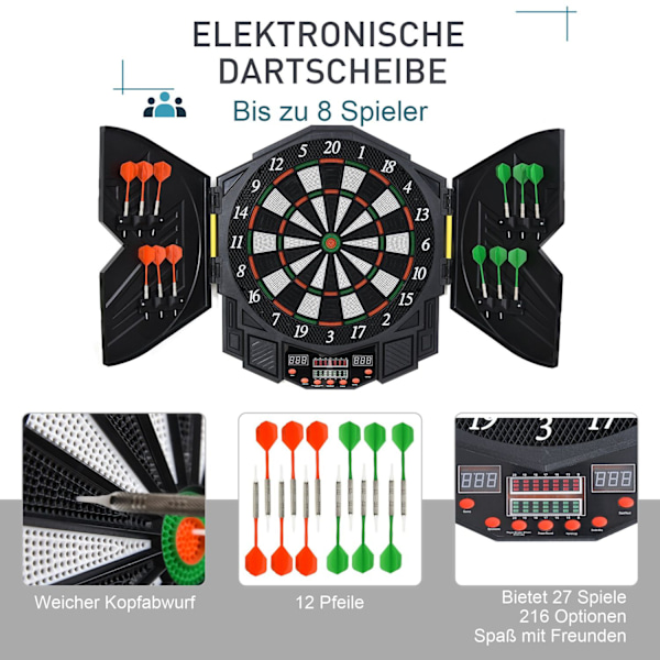 Elektronisk Dartskive Med Dør Inkl. 4 Led 216 Spil 12 Pile Op Til 8 Spillere Abs + Pp 49 X 54,6 X 5,5 Cm.
