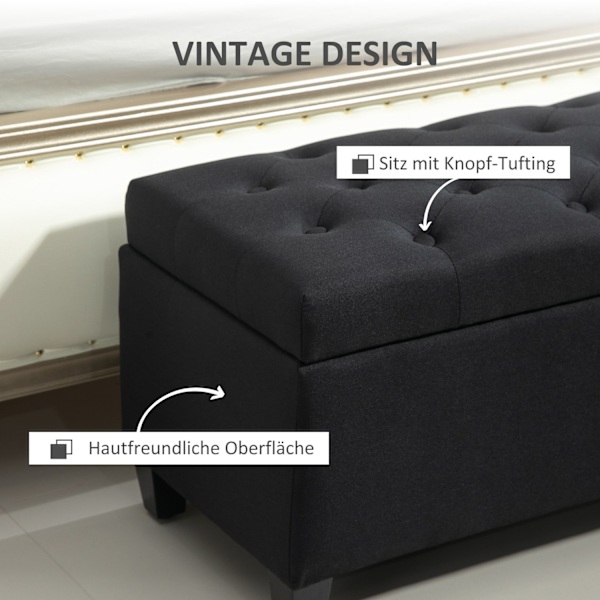 Bænk polstret bænk med opbevaringsplads brystbænk entre soveværelse stue linnedlignende polyester gummi træ sort 100 x 40 x 44 cm
