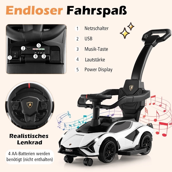3-i-1 Lamborghini ride-on bil push bil med forlygter &amp; Musik &amp; Hvid opbevaringsplads