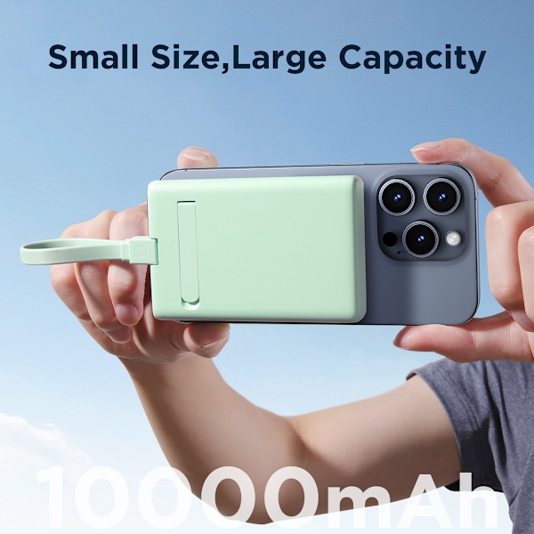 Magneettinen virtapankki 10000mAh 20W jalustalla + Lightning-kaapeli - USB-C vihreä