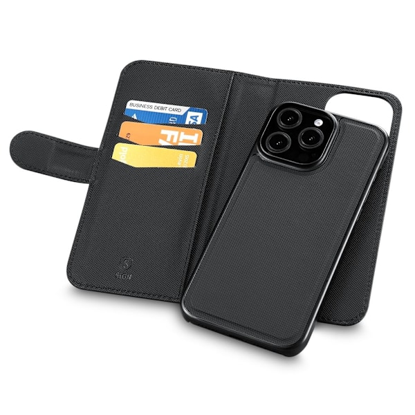SiGN Wallet kotelo 2-in-1 iPhone 16 Prolle - musta