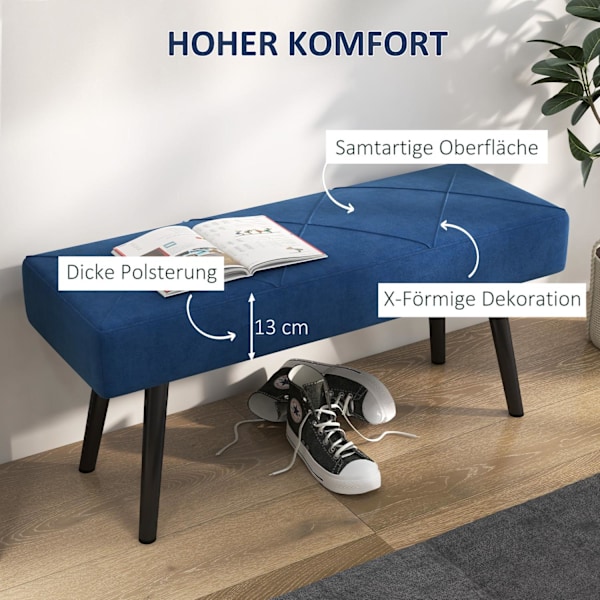 Pehmustettu penkki, sänkypenkki, eteisen penkki X-kuvioinen, samettimainen, kestää jopa 120 kg, makuuhuoneeseen, 100 x 36 x 45 cm, sininen |
