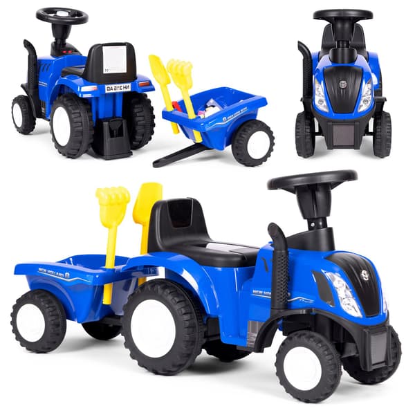 Ride-on traktor med trailer til børn, interaktivt rat, lyde, blå