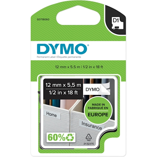 Dymo D1 - permanent polyestertape 12 mm x 5,5 m, sort på hvid baggrund
