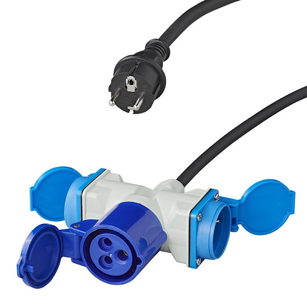 Adapterikaapeli 150cm 3x2,5mm² Schuko-pistokkeesta 1xCEE + 2xSchuko-pistorasiaan