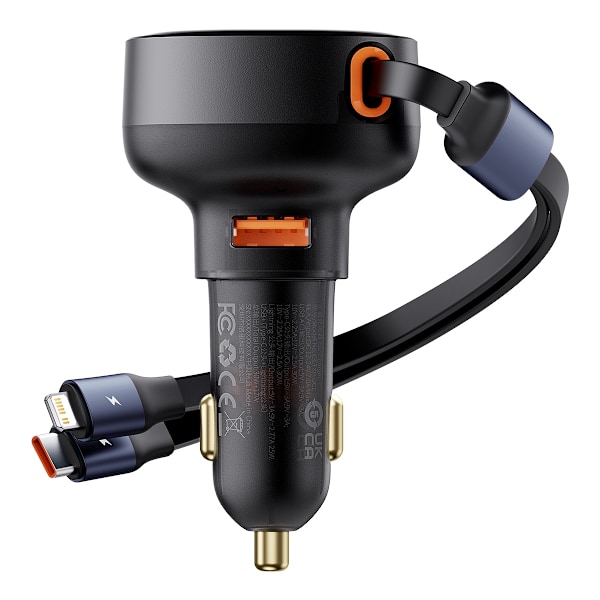 Billaddare med USB-A och utdragbar USB-C kabel iPhone 60W svart